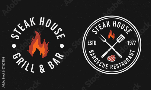 Barbecue restaurant and Steak house circle logo concepts. Logo of Barbecue, Grill and Bar with fire, grill fork and spatula. BBQ logo template. Vector illustration