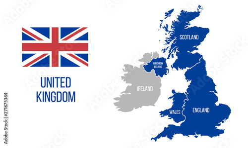 United Kingdom map. England, Scotland, Wales, Northern Ireland. Vector Great Britain map wit UK flag isolated on white background.