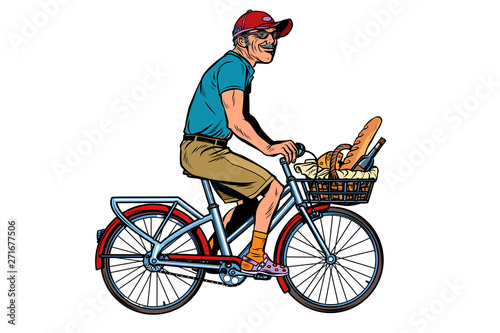 old man on bike with shopping food