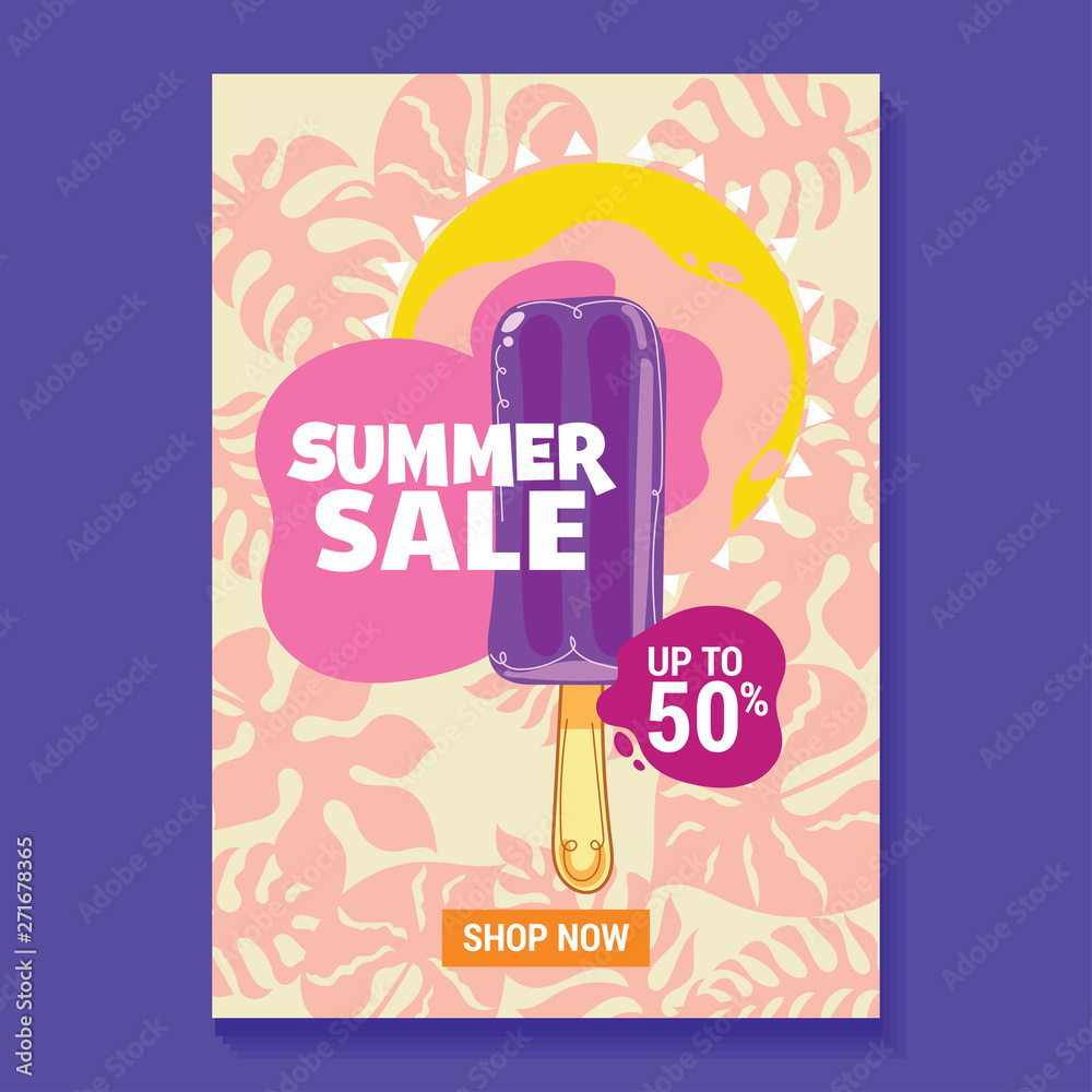 Summer Sale Illustration with Popsicle, Beach and Tropical Leaves Background