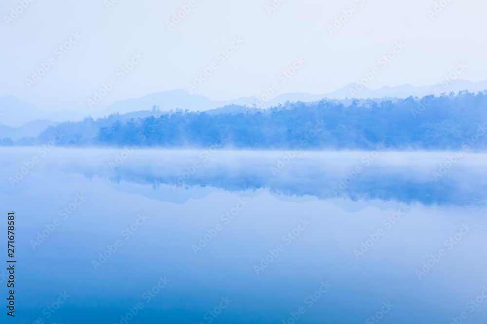 Picturesque scenery of lake on winter morning. Dien Bien Phu, Vietnam.