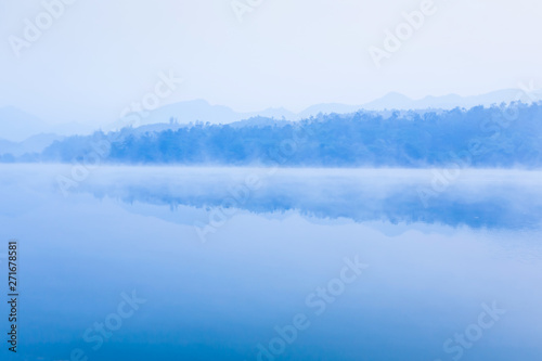 Picturesque scenery of lake on winter morning. Dien Bien Phu, Vietnam.