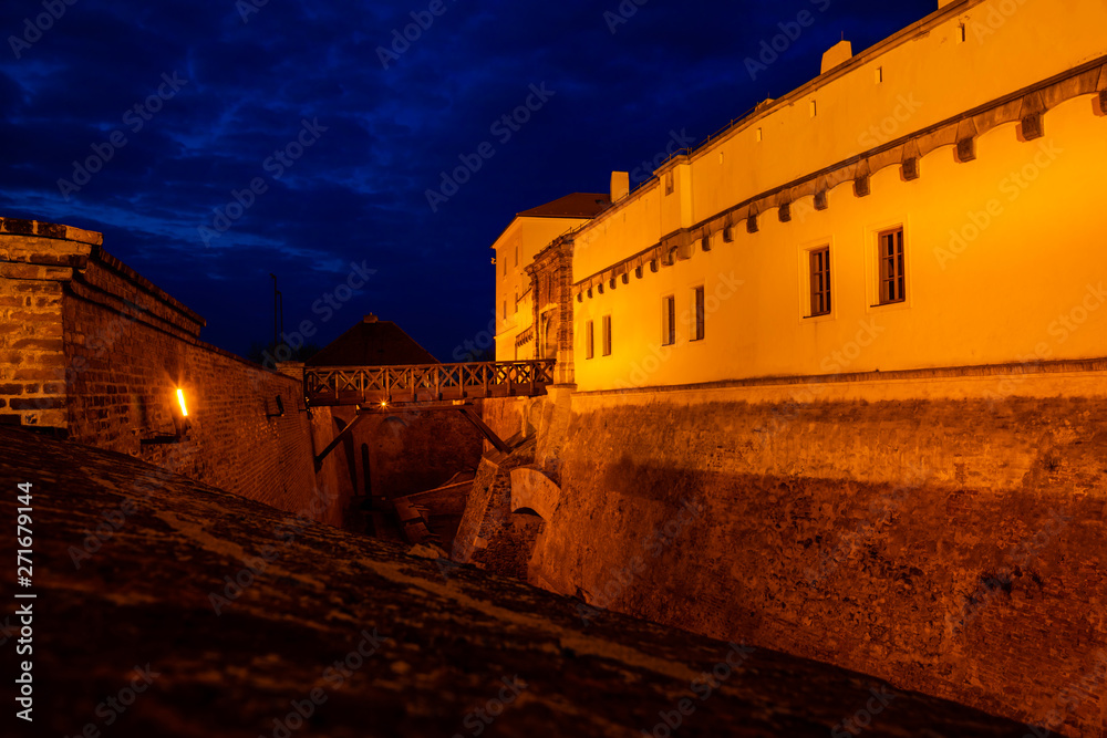 Old wall of Spilberk Castle wall in evening time in Brno, Czech republic