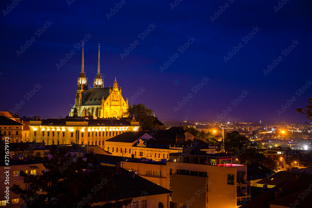View to the red roofs of Brno city with Cathedral of Saints Peter and Paul. Morawia, Czech Republic