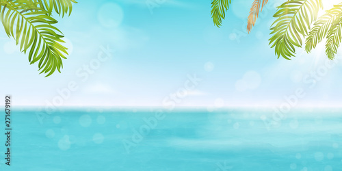 Hello summer vector banner design vacation concept. Poster Landscape Seashore Resort View with shiny ocean, sea water with bright sun, tropical Palm leaves. Summer vacation holiday, traveling.