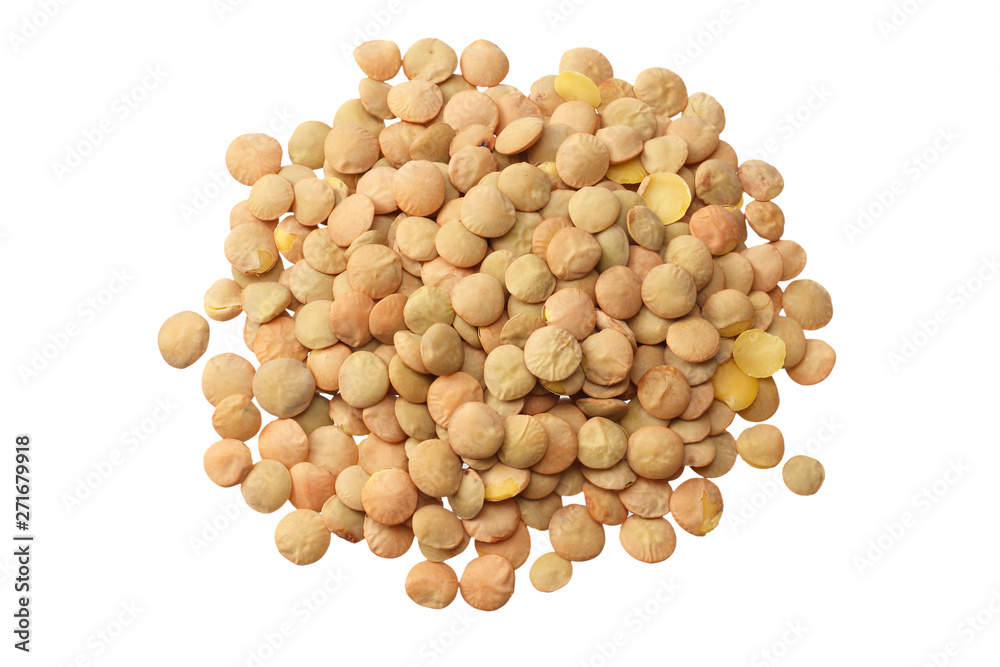 lentils isolated on white background. top view