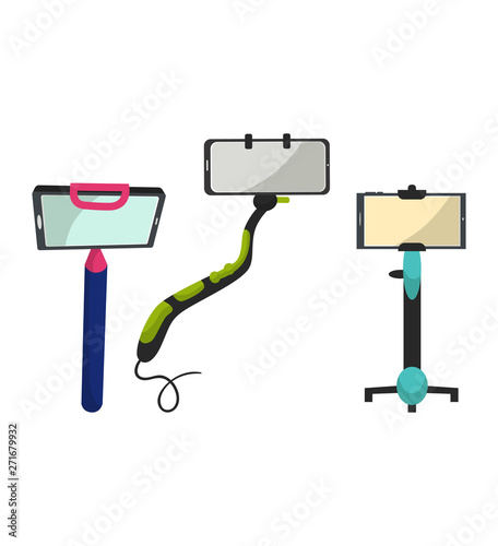 Selfie stick vector monopod with smartphone making photography self-portrait illustration set of modern phone-stick and selfie-monopod design isolated on white background