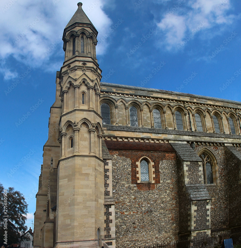 St. Albans, Hertfordshire, England/ United Kingdom - October 16 th 2018: Exterior of St. Albans Cathedral ( Cathedral and Abbey Church of St Alban).