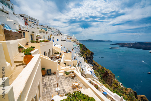 Fototapeta Naklejka Na Ścianę i Meble -  Panoramic View and Streets of Santorini Island in Greece, Shot in Thira