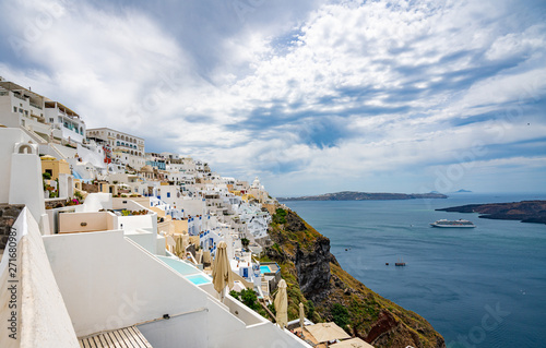 Fototapeta Naklejka Na Ścianę i Meble -  Panoramic View and Streets of Santorini Island in Greece, Shot in Thira