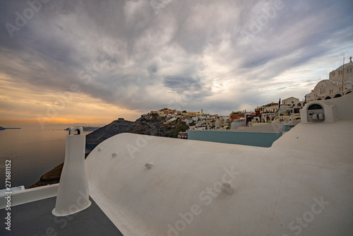 Fototapeta Naklejka Na Ścianę i Meble -  Panoramic View and Streets of Santorini Island in Greece, Shot in Thira