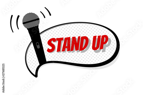 Stand up comedy night live show sign. Microphone silhouette with inscription on white comic bubble. Vector illustration