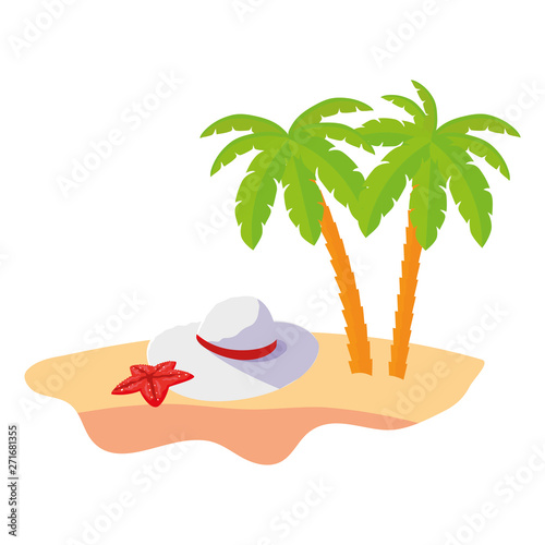 summer beach scene with tree palms and female hat