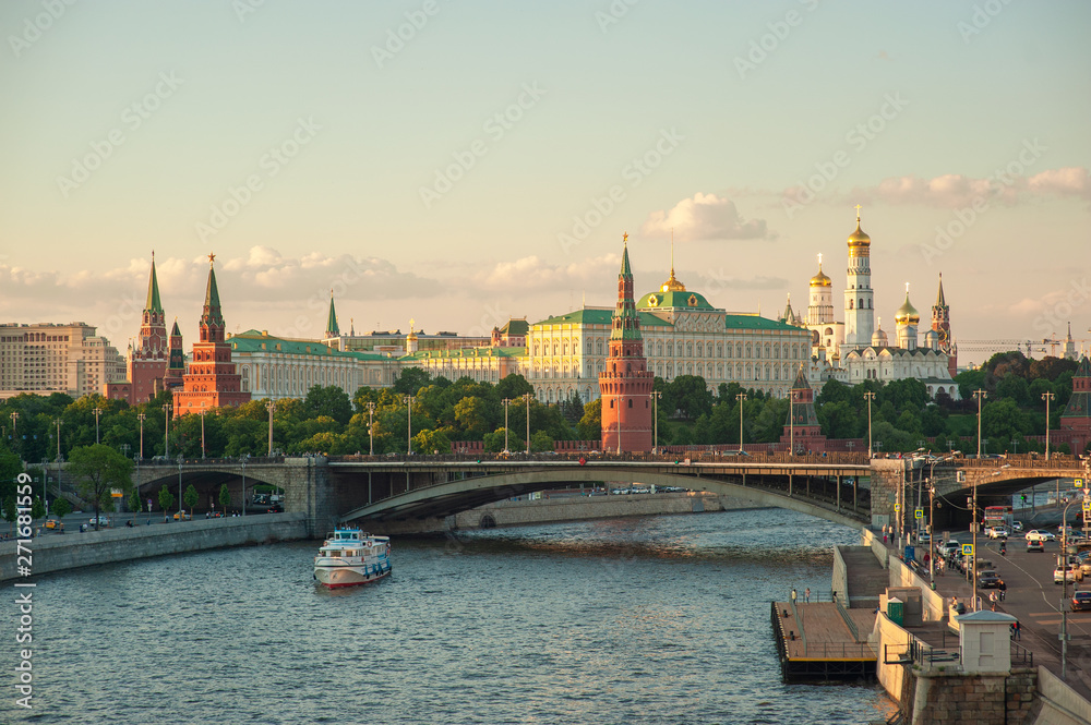 Panorama of Moscow Kremlin at Moskva River, Russia. Beautiful view of the Moscow city centre in summer. Scenery of Moscow Kremlin with Bolshoy Kamenny Bridge