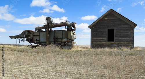 Quadro em tela A horizontal of abandoned threshing machine and sittind beside is a old grainer