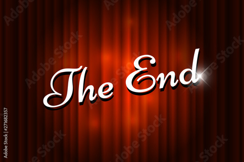 The End handwrite title with highlight on red curtain background. Old movie ending screen. Vector illustration