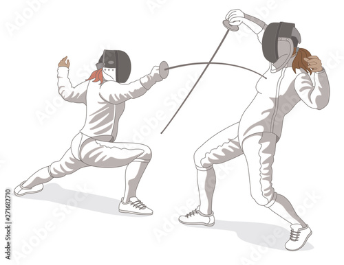 fencing 2 female fencers in action isolated on a white background
