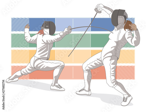 fencing 2 female fencers in action with four colour piste in the background