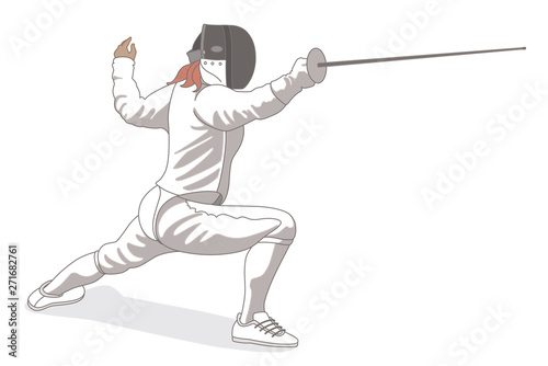 fencing female fencer in lunge position isolated on a white background