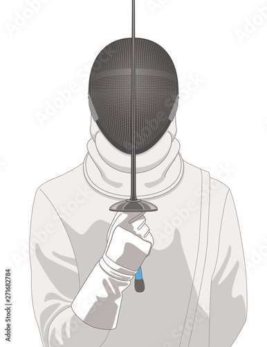 fencing, fencer holding sword in front of mask isolated on a white background