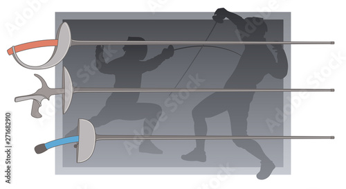 fencing 3 swords saber foil epee with silhouette of fencers on grey background