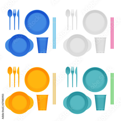 Bright plastic tableware and napkins isolated on white. Plastic dishes, plastic plate, fork, spoon, knife, glass, tube