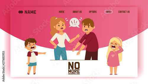Quarrel vector landing page people man woman in family conflict crying children boy girl. Relationship problem with unhappy characters illustration quarreling with wife background