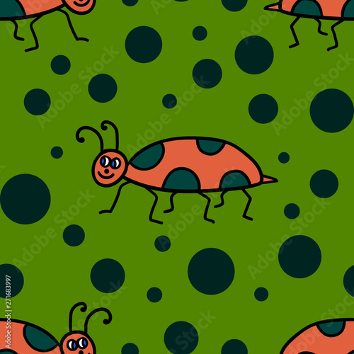 Seamless pattern with cartoon doodle linear bug. Vector illustration. 