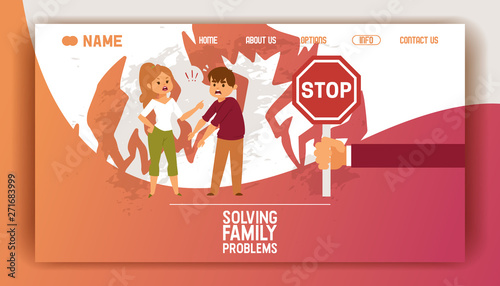 Solving family vector landing page people man woman in family conflict boy girl. Relationship problem with unhappy characters illustration quarreling with wife web site template.