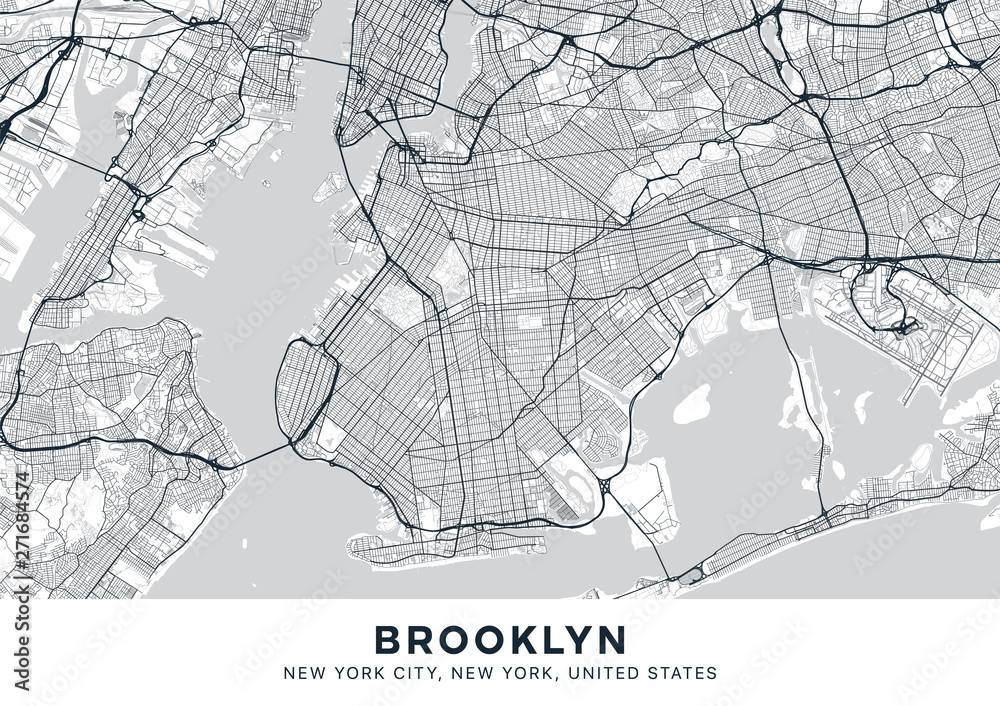 Brooklyn map. Light poster with map of Brooklyn borough (New York, United States). Highly detailed map of Brooklyn with water objects, roads, railways, etc. Printable poster.