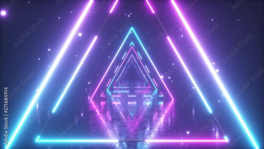 Flying through glowing neon triangles with metal floor creating a tunnel with fog, blue pink violet spectrum, fluorescent ultraviolet light, modern vj colorful lighting, 4k seamless loop animation