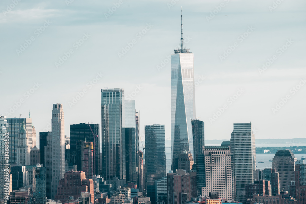 New York skyline view on financial district with One World Trade Center as tallest building