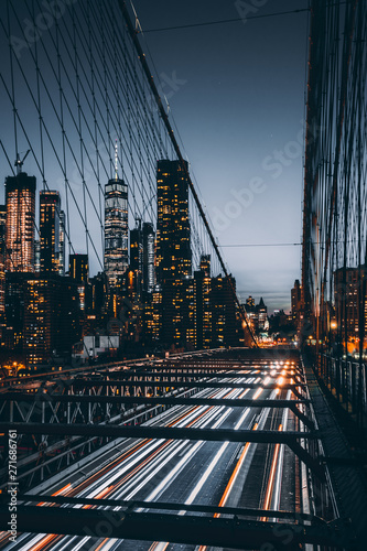 View from Brooklyn Bridge on Financial District, long exposure night photograph