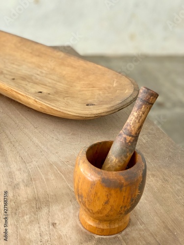 Traditional wooden mortar and pestle 