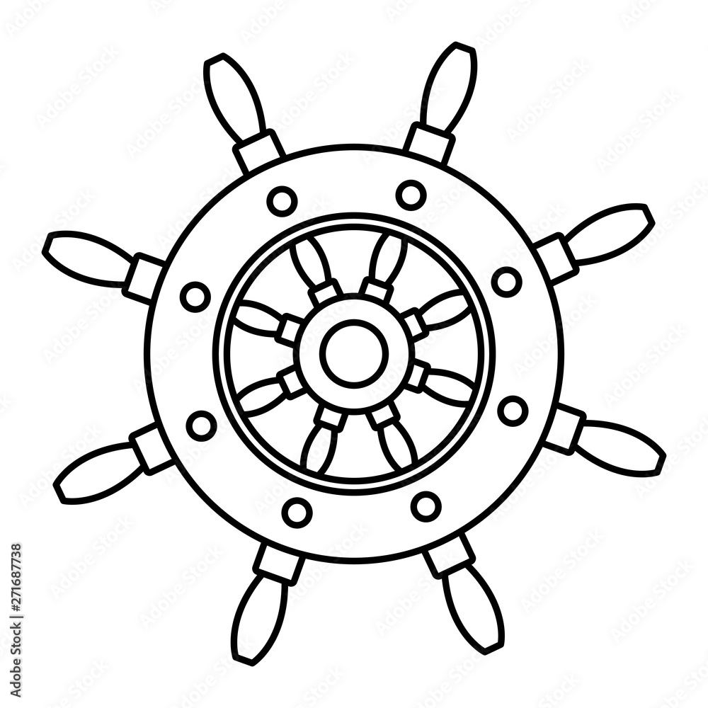 Obraz premium Ship wooden steering wheel cartoon in black and white