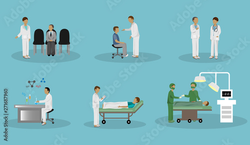Medical Staff Vector. Doctor And Patient In Different Situations Set - Isolated On Blue Background - Vector Illustration. Flat Design Doctor And Surgeon In Discuss With Patient In Medical Hospital