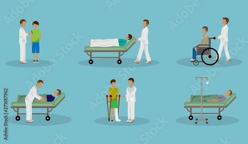 Medical Staff Vector. Doctor And Patient In Different Situations Set - Isolated On Blue Background - Vector Illustration. Flat Design Of Doctor In Discuss With Patient In Medical Hospital