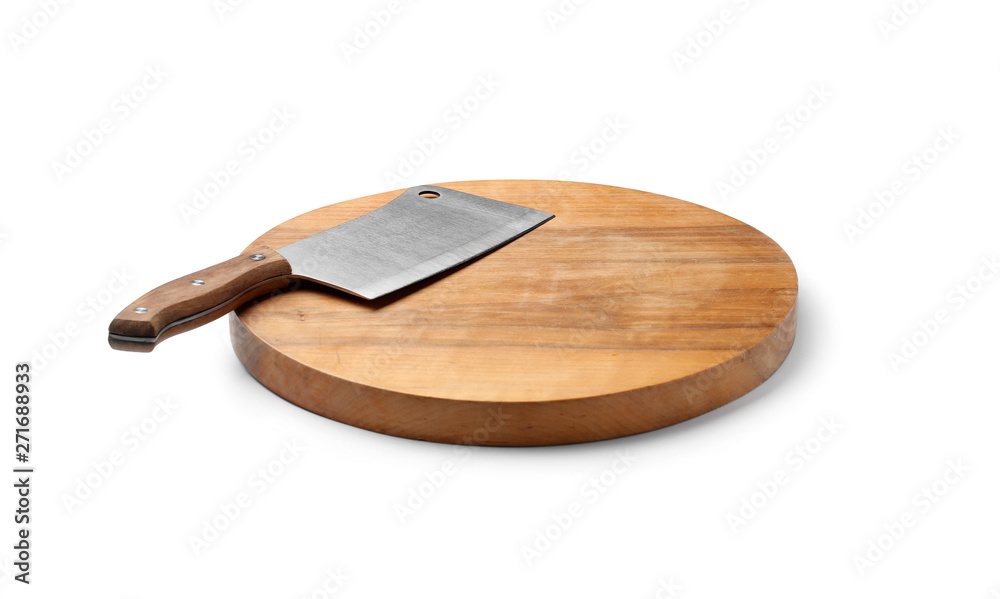 Stainless steel cleaver knife with wooden handle on board against white background Stainless steel cleaver knife with wooden handle on board against white background