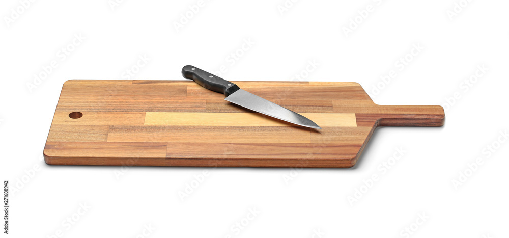 Stainless steel chef's knife with plastic handle on board against white background Stainless steel chef's knife with plastic handle on board against white background