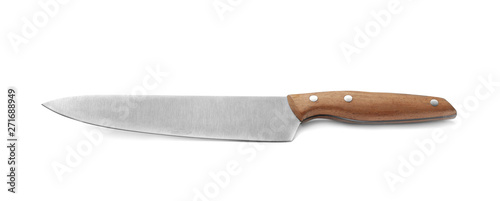 Stainless steel chef's knife with wooden handle isolated on white