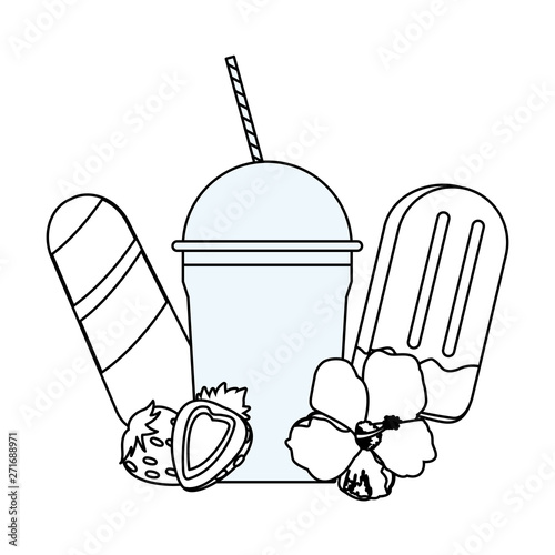 Milkshake and ice creams with strawberries in black and white