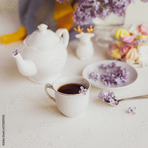 Purple spring lilac flowers  breakfast still life