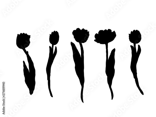 Set of isolated silhouette Tulip in 30 styles. Cute hand drawn flower vector illustration in white outline and black plane on black background.