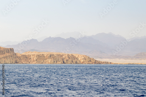 Mountain landscape with blue water in the national park Ras Mohammed, Egypt.