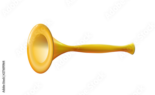 Realistic 3d yellow or golden reedpipe isolated glossy wind musical instrument, trumpet sign, icon for decoration or holiday on light background. Bright toy. Childish design. Vector illustration