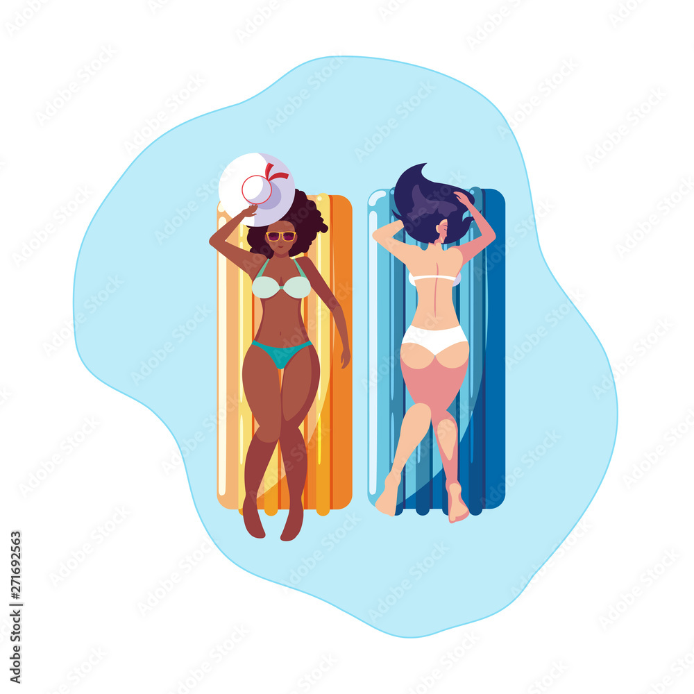 beautiful interracial girls with float mattress in water