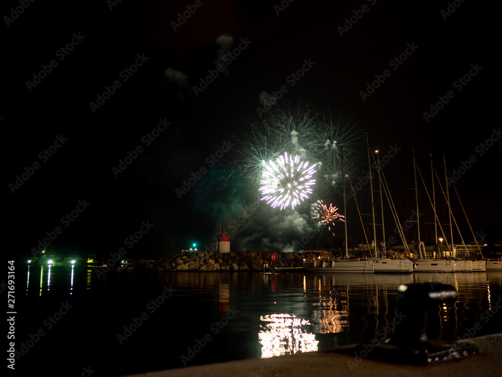 fireworks for Bastille day celebration on sea port in French Riviera