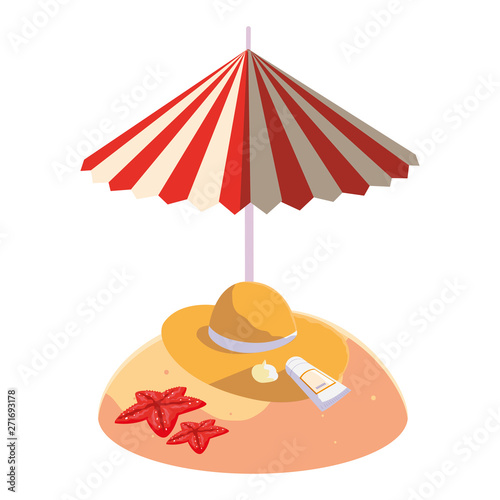 summer sand beach with umbrella and straw hat