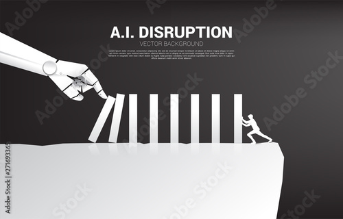 Businessman push the domino to fight with Robot hand. business concept of disruption of A.I. to make the domino effect.