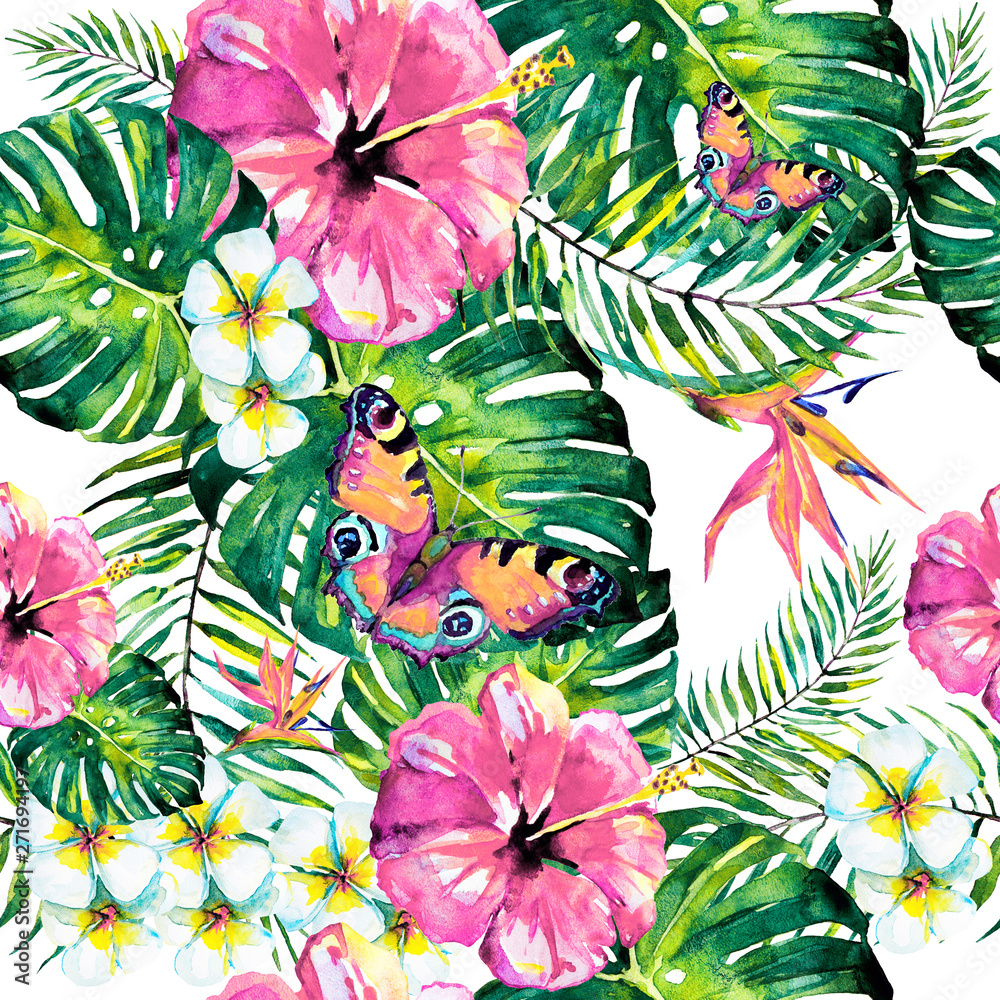 Naklejka Hawajskie kwiaty, motyle, akwarela, egzotyczne rośliny, odizolowane na białym